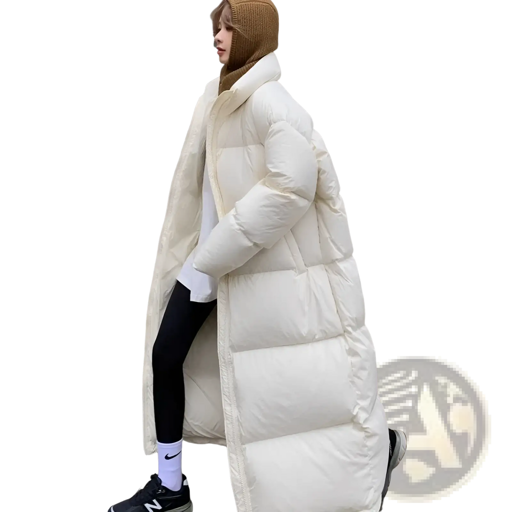 Cream-colored women long quilted puffer coat with a high collar made of cotton for winter use