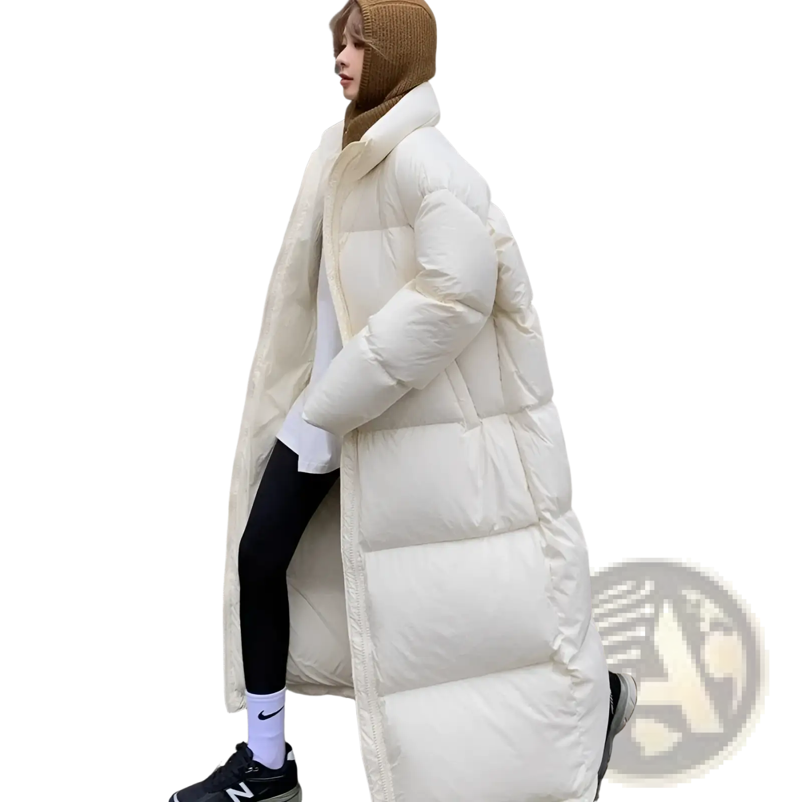 Cream-colored women long quilted puffer coat with a high collar made of cotton for winter use