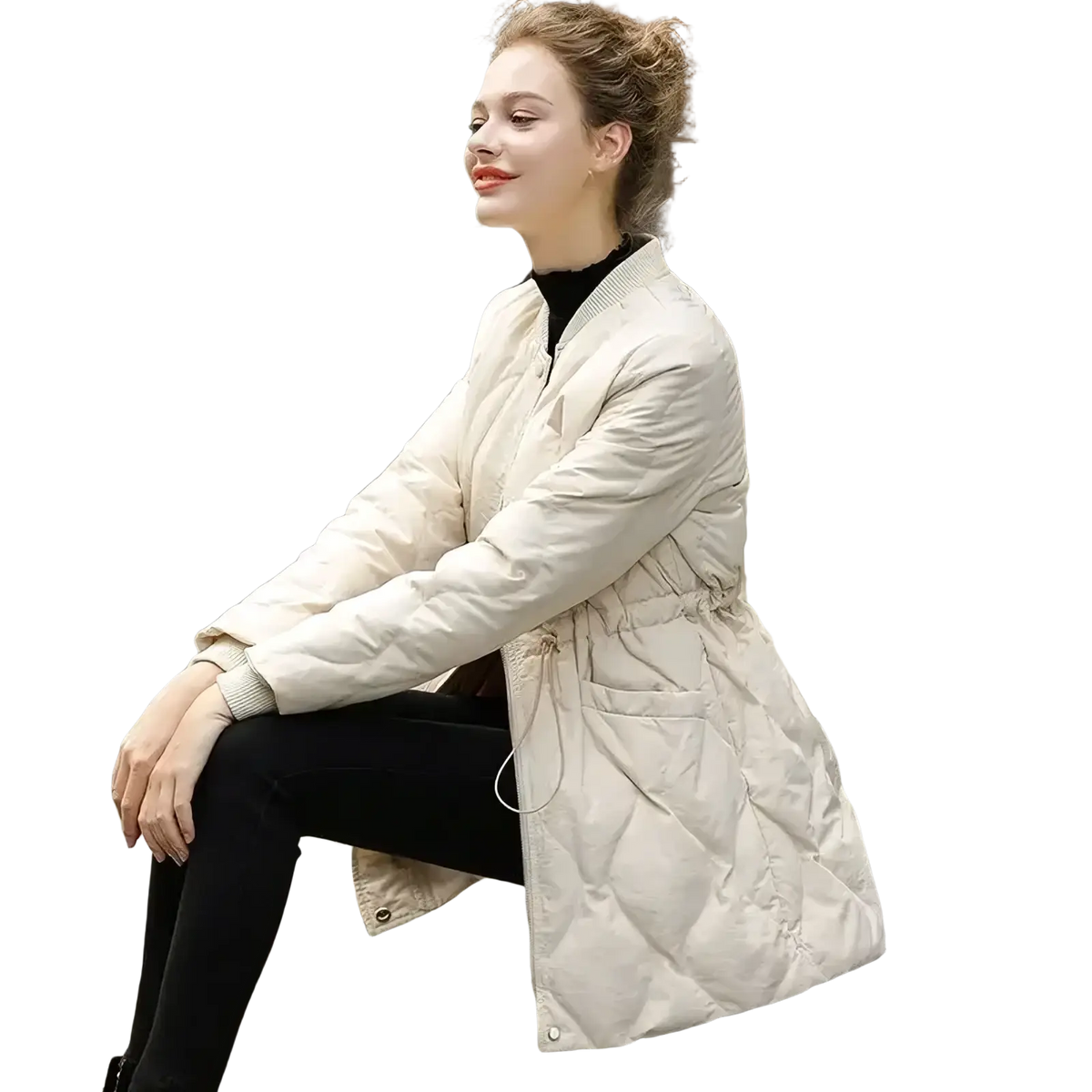 Beige quilted mid-length puffer winter coat for women with drawstring waist and front pockets