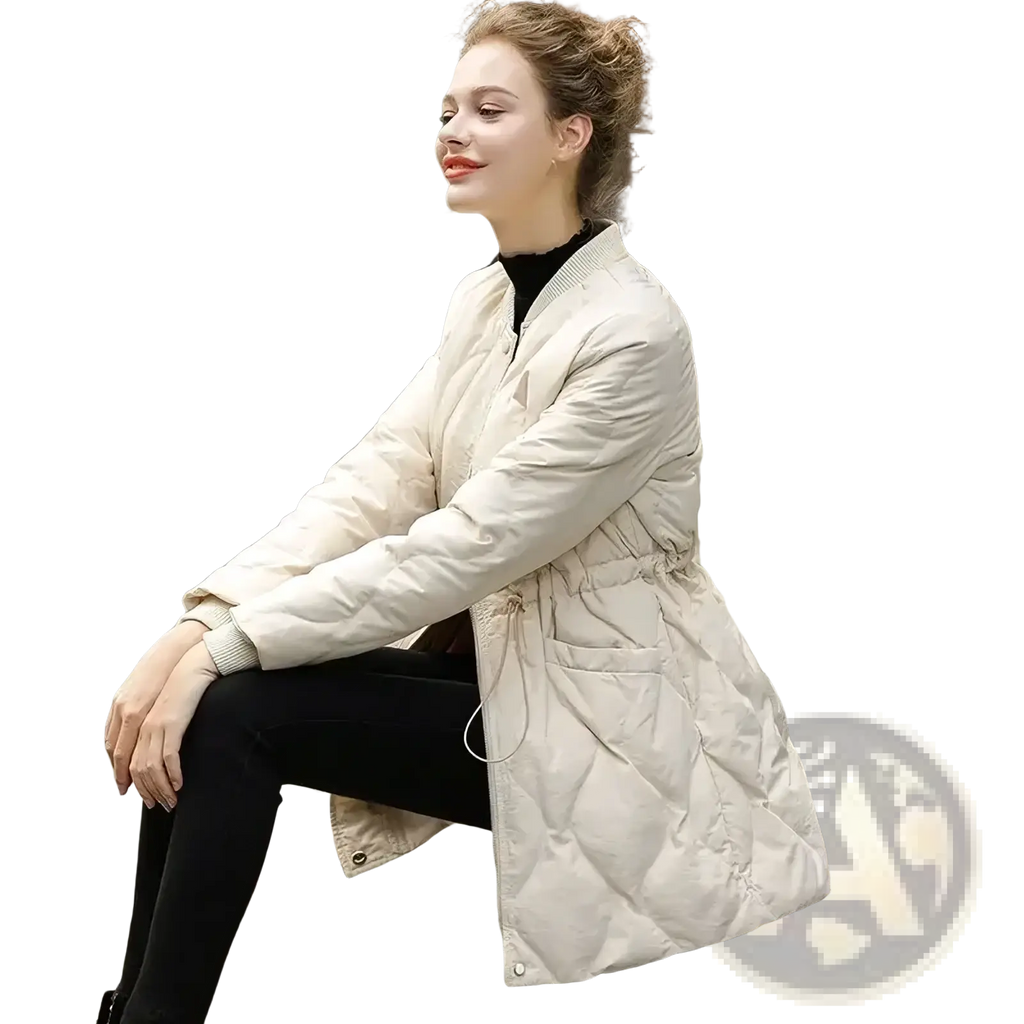 Beige quilted mid-length puffer winter coat for women with drawstring waist and front pockets