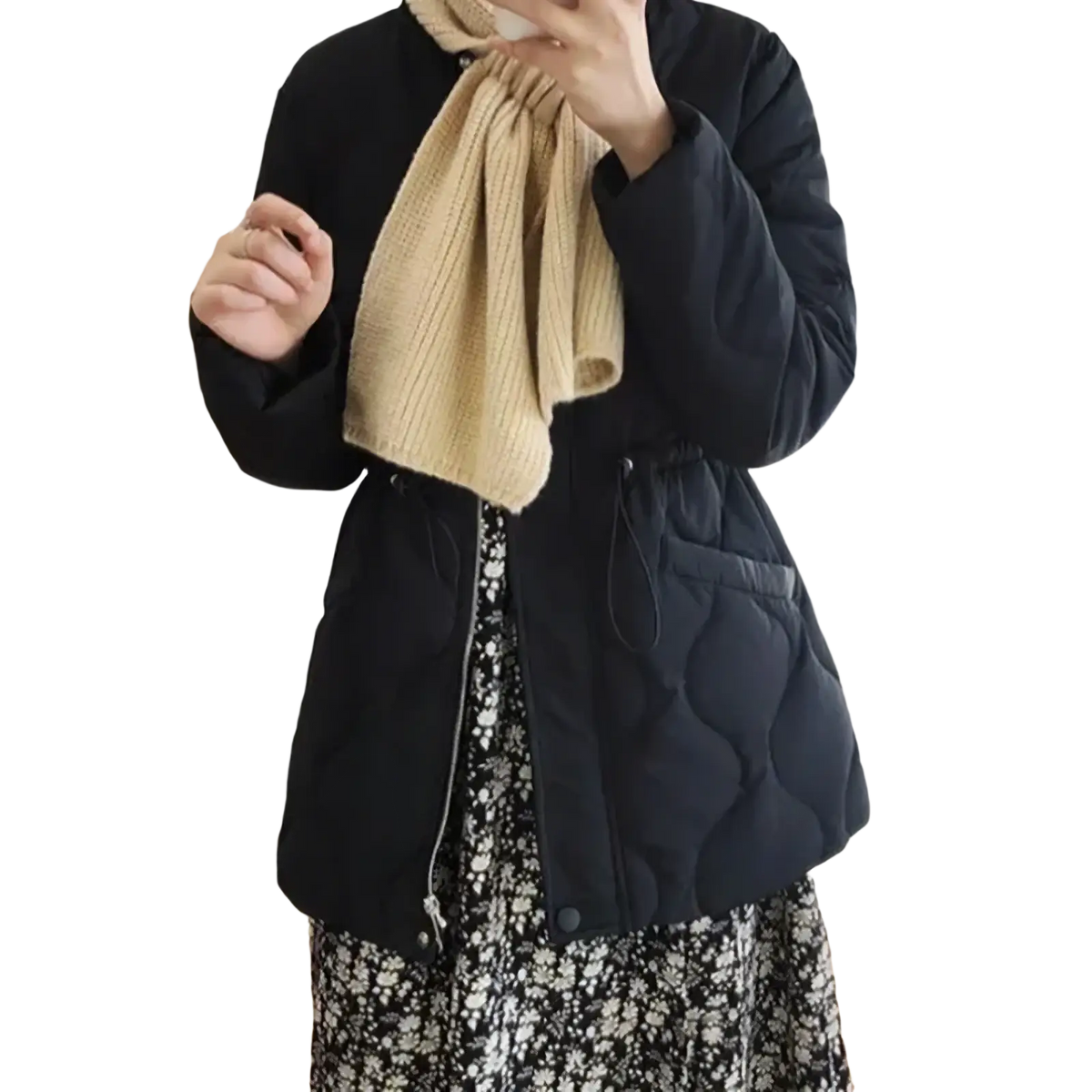 Black quilted puffer winter coat for women with drawstring waist and front zipper closure