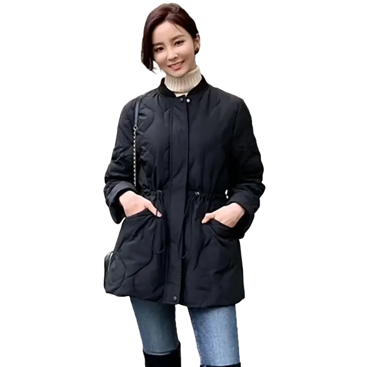 Black quilted long puffer winter coat with drawstring waist and front pockets for women