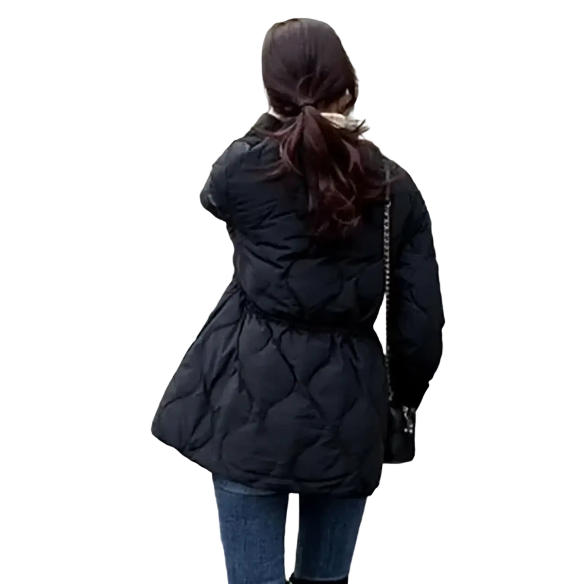 Black quilted puffer coat with cinched waist and flared hem for women designed for winter warmth and style