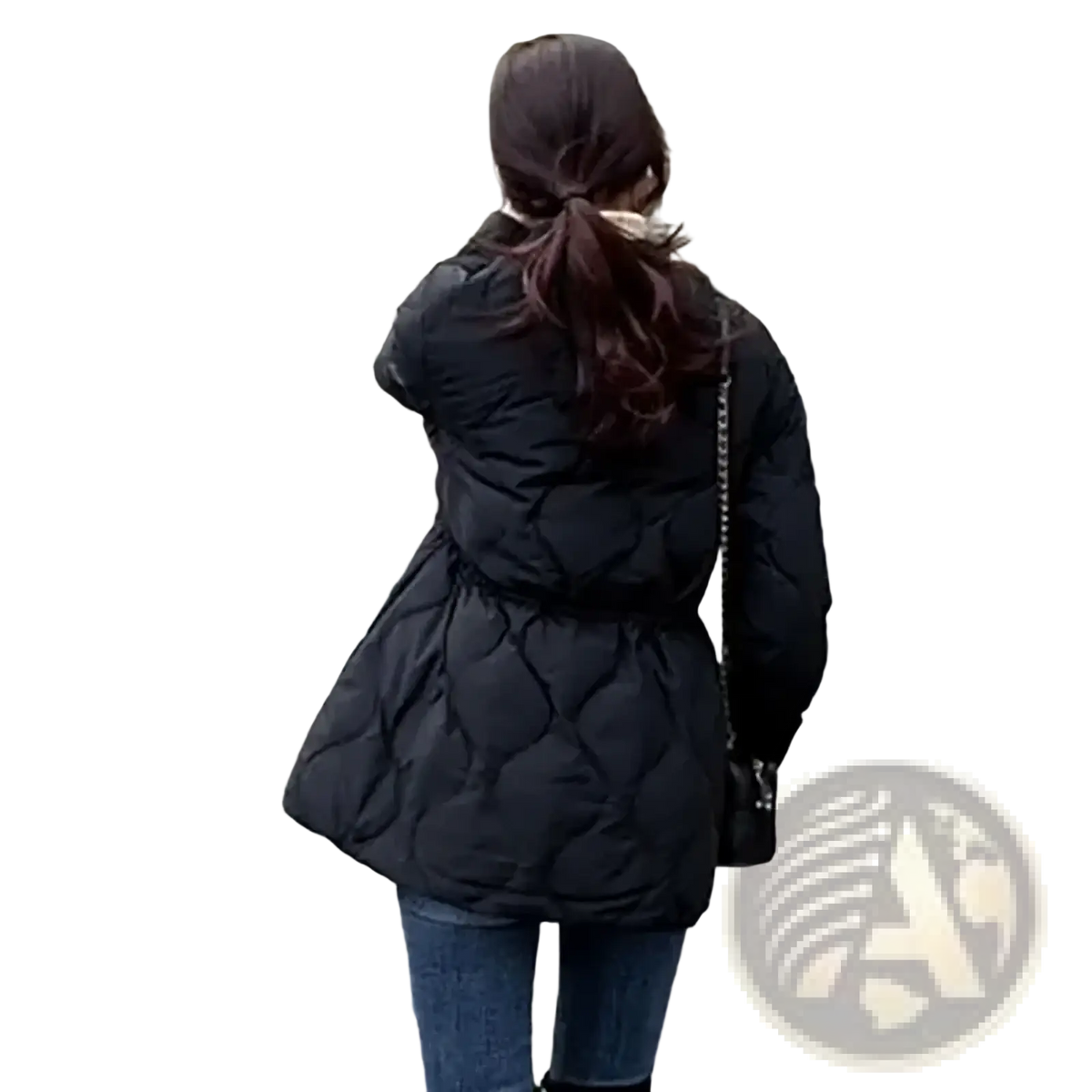 Black quilted puffer coat with cinched waist and flared hem for women designed for winter warmth and style
