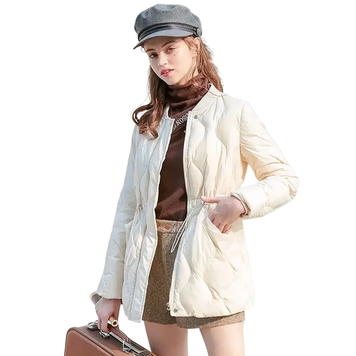 Cream-colored long quilted puffer winter coat with drawstring waist and front zipper closure for women