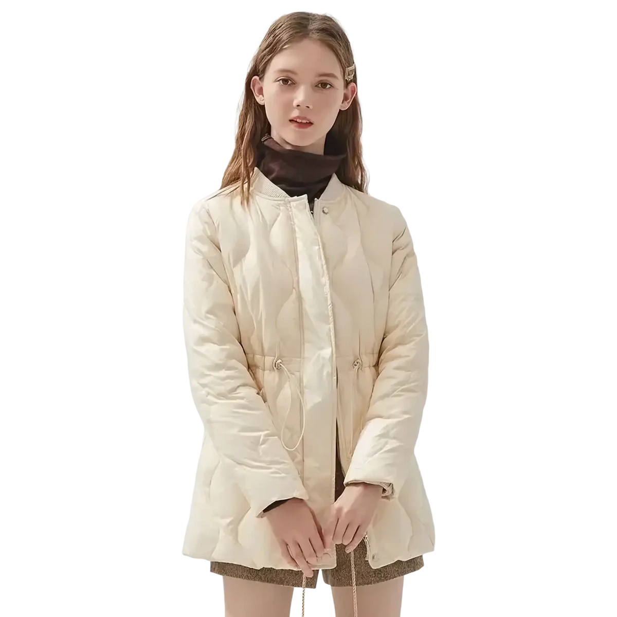 Cream-colored women long quilted puffer winter coat with drawstring waist and silver-toned buttons