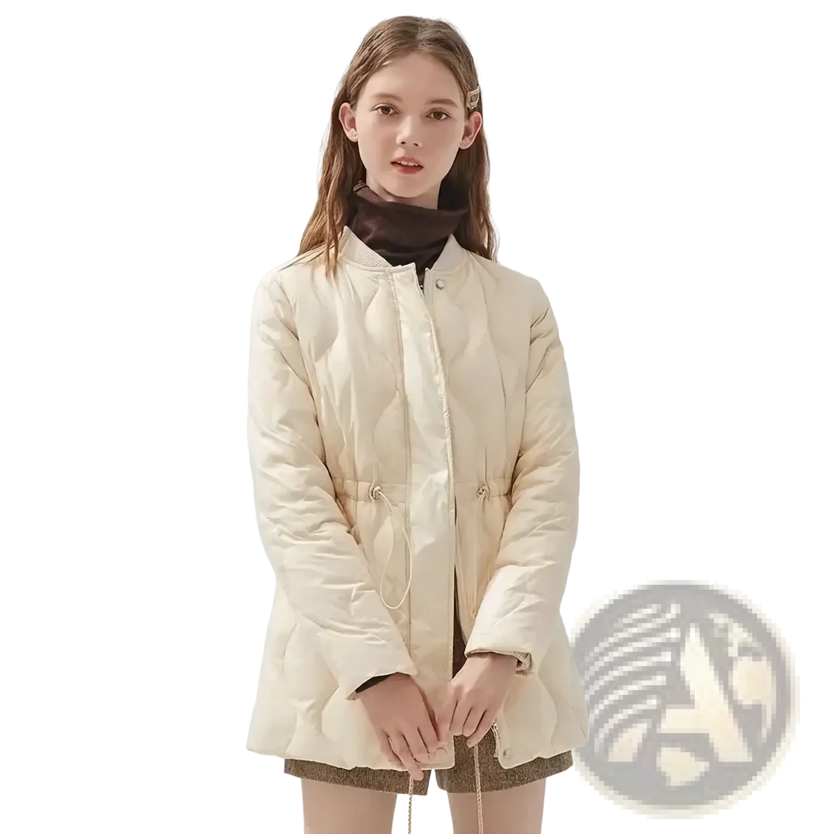 Cream-colored women long quilted puffer winter coat with drawstring waist and silver-toned buttons