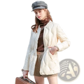 Cream-colored long quilted puffer winter coat with drawstring waist and front zipper closure for women
