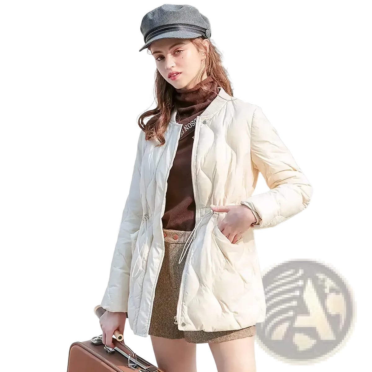 Cream-colored long quilted puffer winter coat with drawstring waist and front zipper closure for women