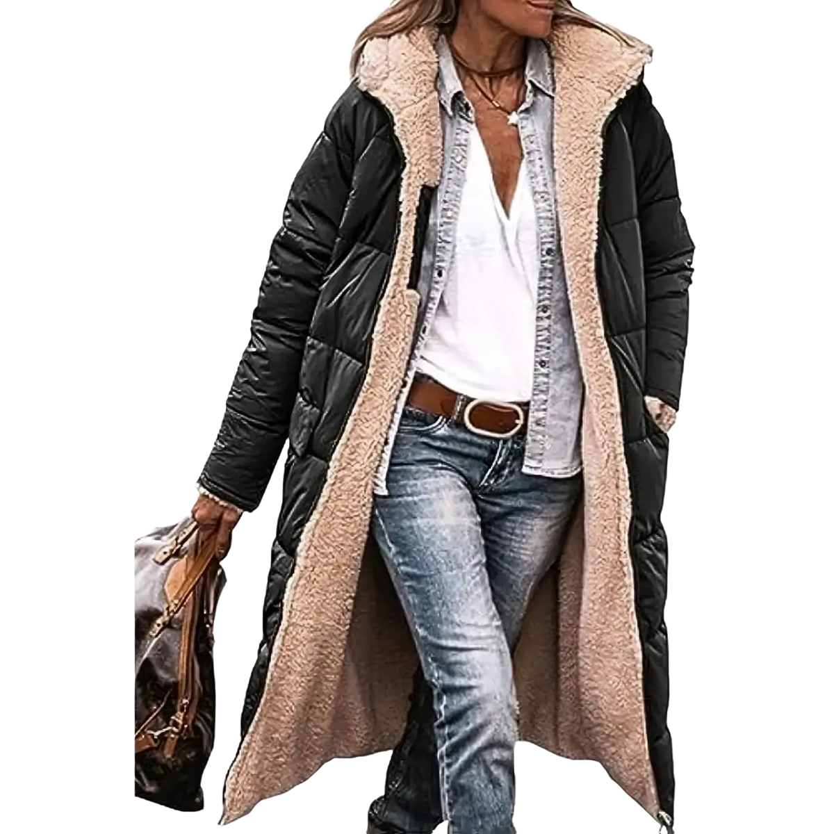 Women long reversible sherpa puffer coat in black with plush beige shearling-lined hood and quilted panels
