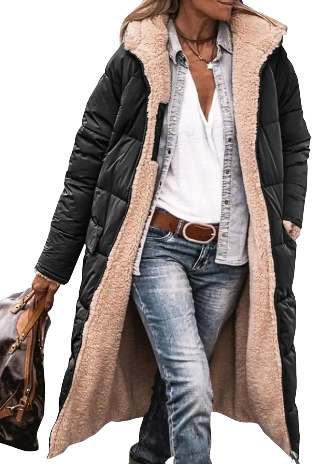 Women long reversible sherpa puffer coat in black with plush beige shearling-lined hood and body shown from the back