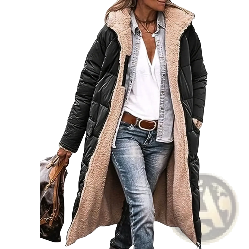 Women long reversible sherpa puffer coat in black with plush beige shearling-lined hood and quilted panels