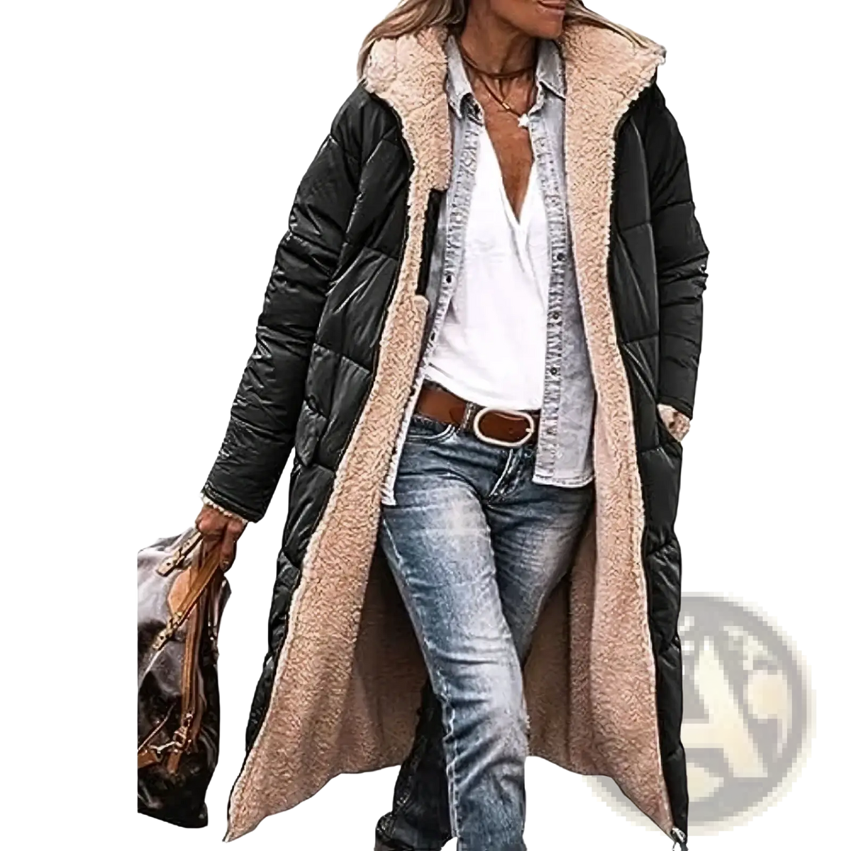 Women long reversible sherpa puffer coat in black with plush beige shearling-lined hood and quilted panels