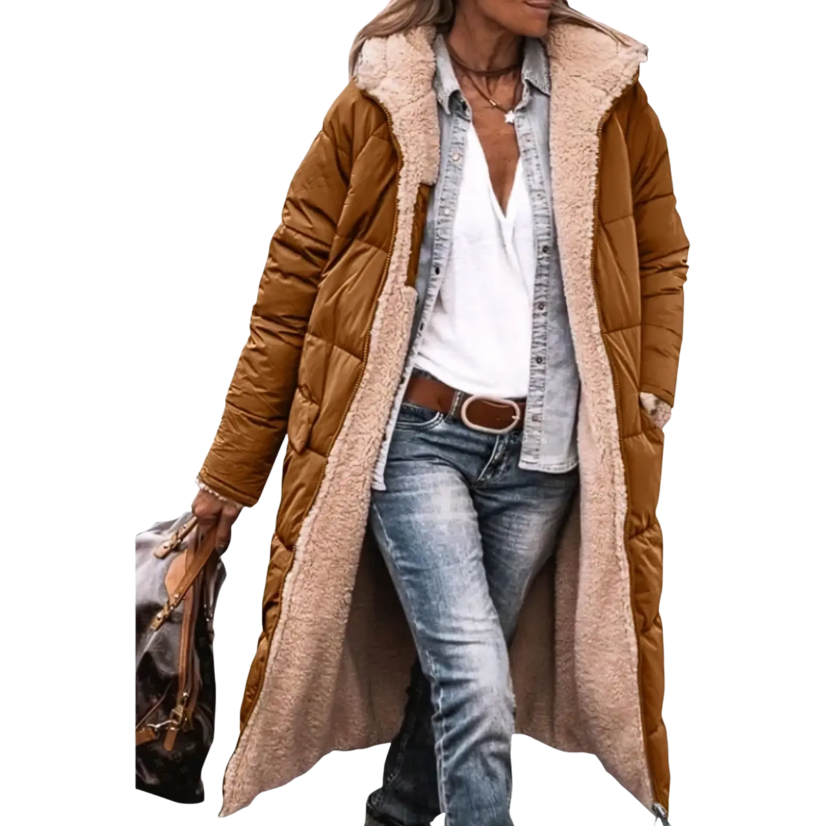 Women long reversible sherpa puffer coat in brown quilted fabric with plush beige shearling lining and hood