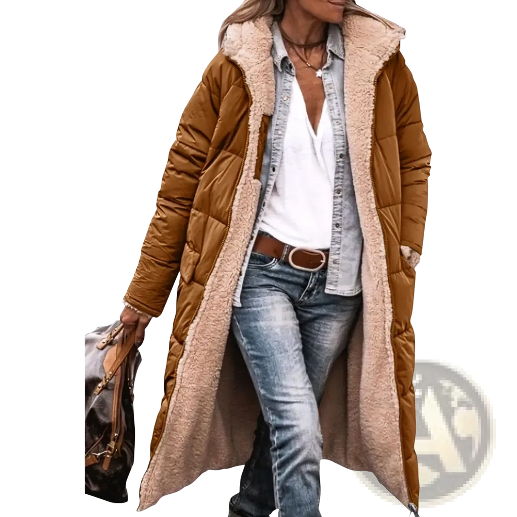 Women long reversible sherpa puffer coat in brown quilted fabric with plush beige shearling lining and hood