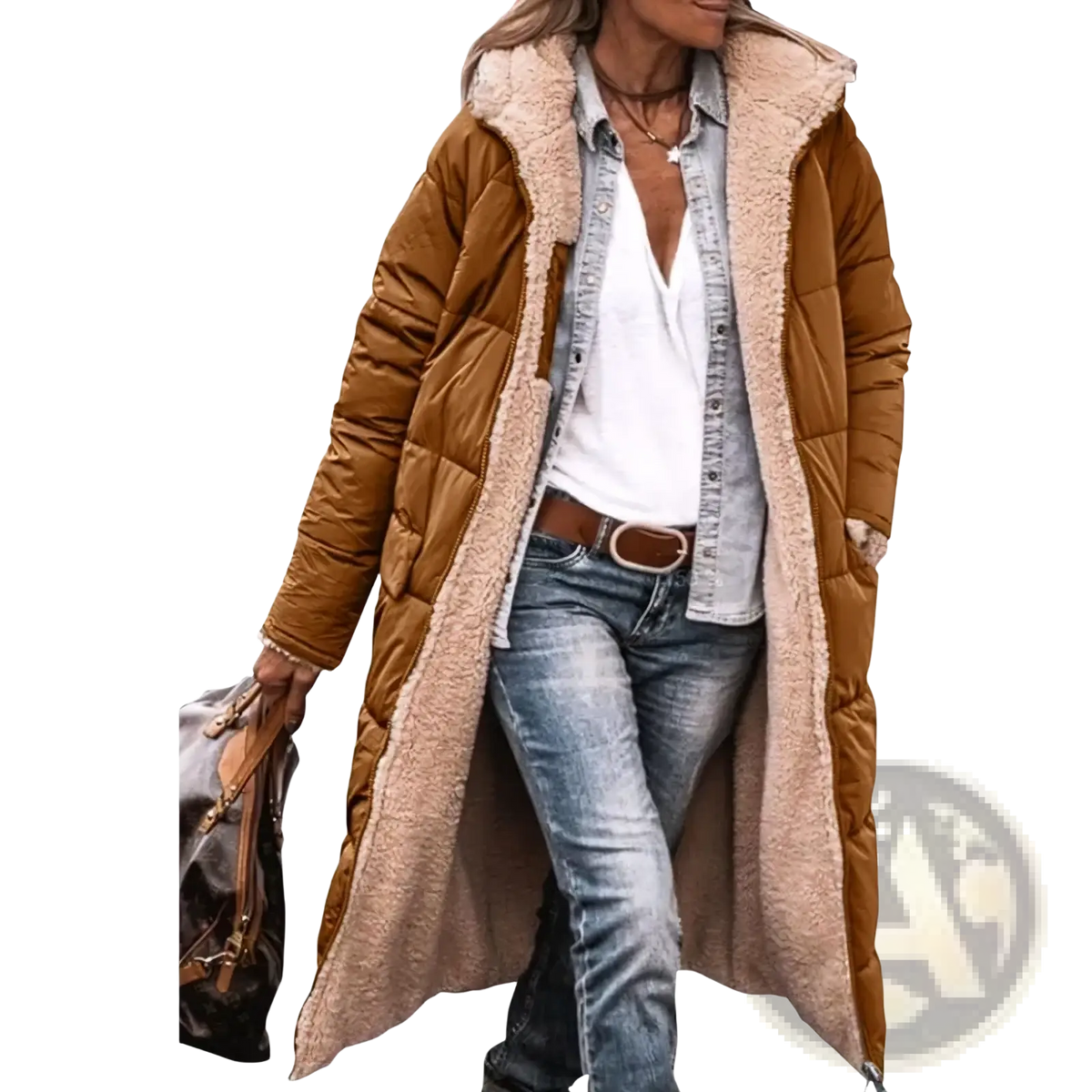 Women long reversible sherpa puffer coat in brown quilted fabric with plush beige shearling lining and hood