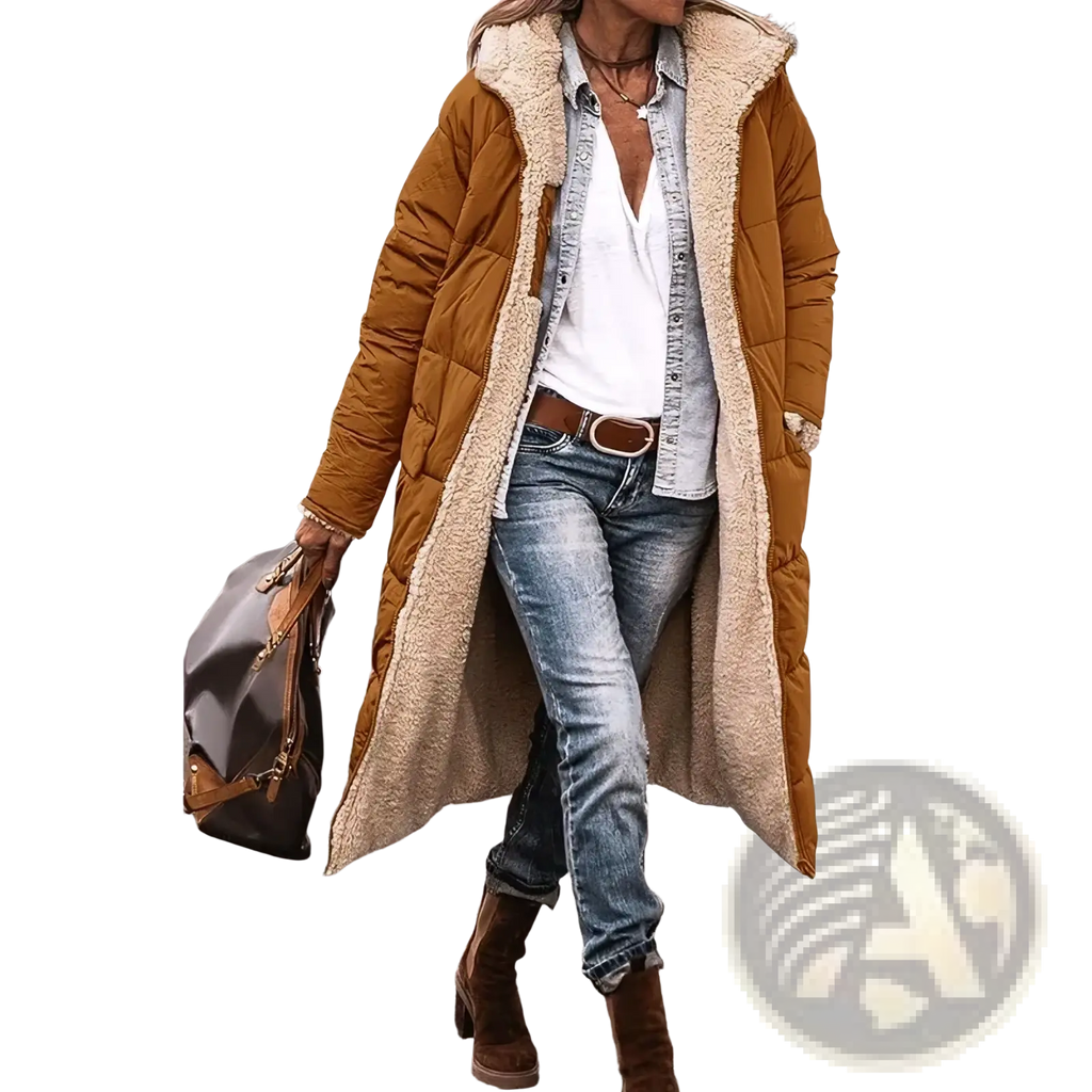 Women long reversible sherpa puffer coat in warm mustard quilted fabric with plush beige shearling-lined hood and cuffs