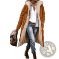 Women long reversible sherpa puffer coat in warm mustard quilted fabric with plush beige shearling-lined hood and cuffs