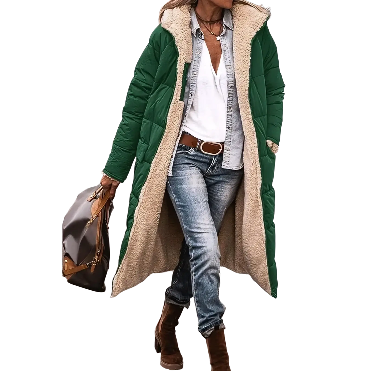Women long reversible sherpa puffer coat in green quilted fabric with plush beige shearling lining visible