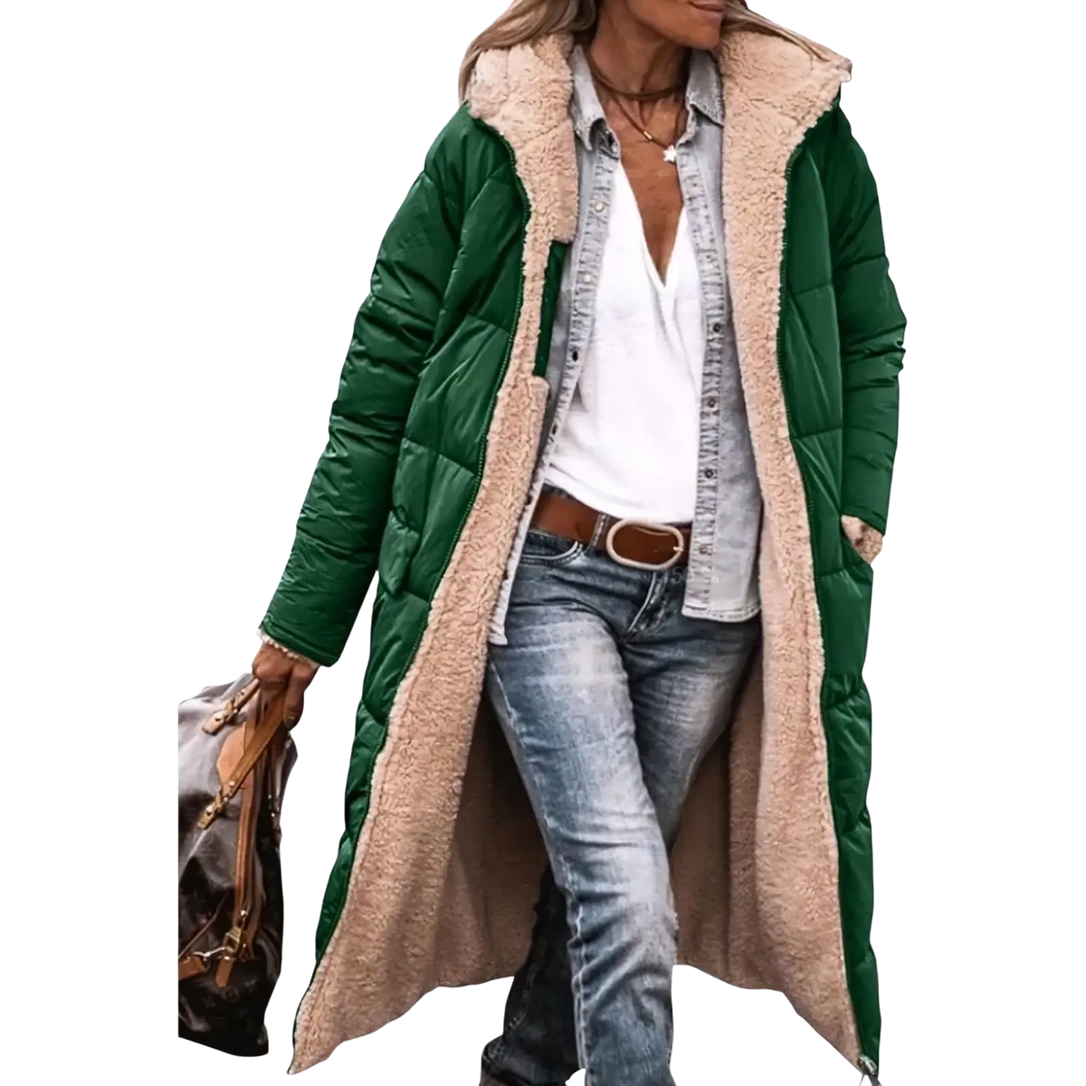 Women long reversible sherpa puffer coat in green quilted fabric with plush beige shearling-lined hood and cuffs