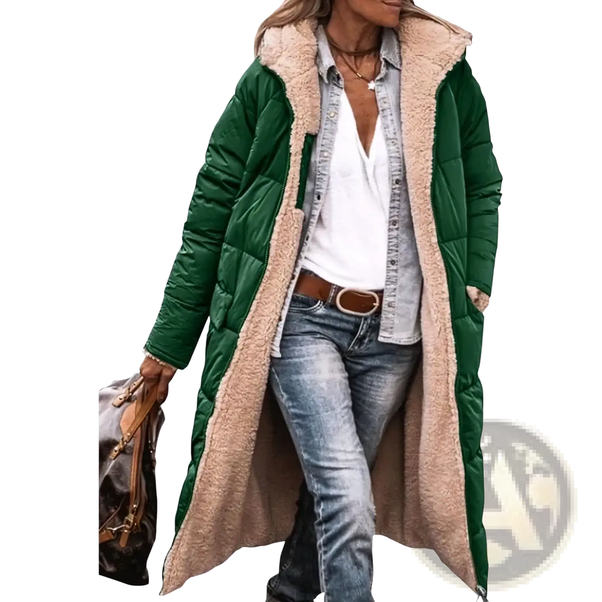 Women long reversible sherpa puffer coat in green quilted fabric with plush beige shearling-lined hood and cuffs