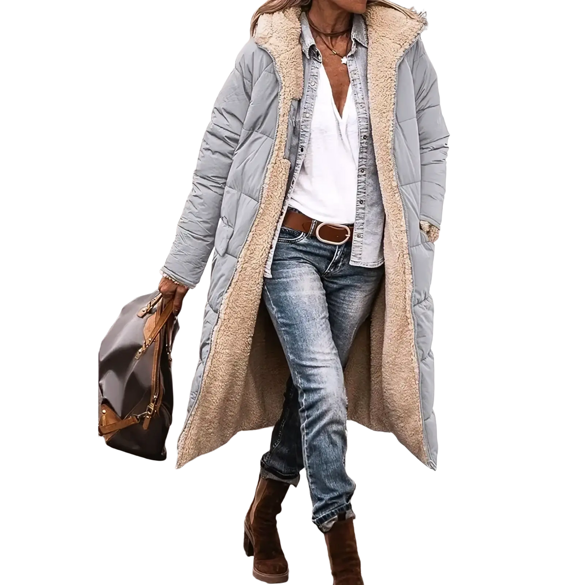 Light gray quilted women long reversible sherpa puffer coat with plush beige shearling-lined hood and collar