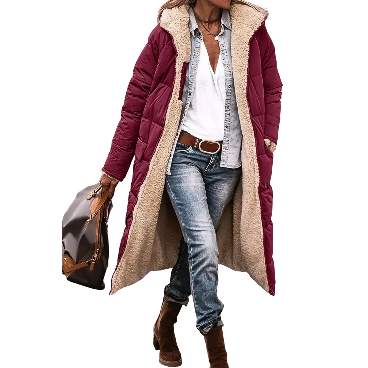 Women long reversible sherpa puffer coat in maroon quilted fabric with plush beige shearling lining for winter wear
