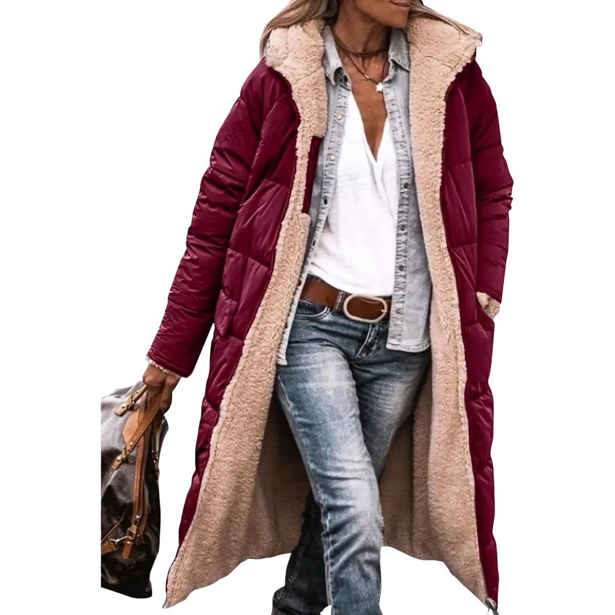 Women long reversible sherpa puffer coat in maroon quilted fabric with plush beige shearling-lined hood and cuffs