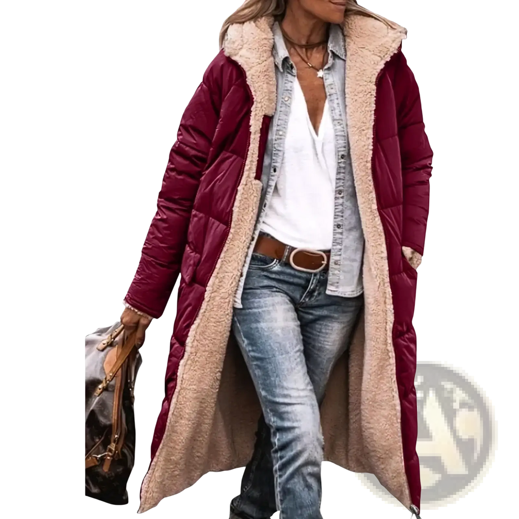Women long reversible sherpa puffer coat in maroon quilted fabric with plush beige shearling-lined hood and cuffs