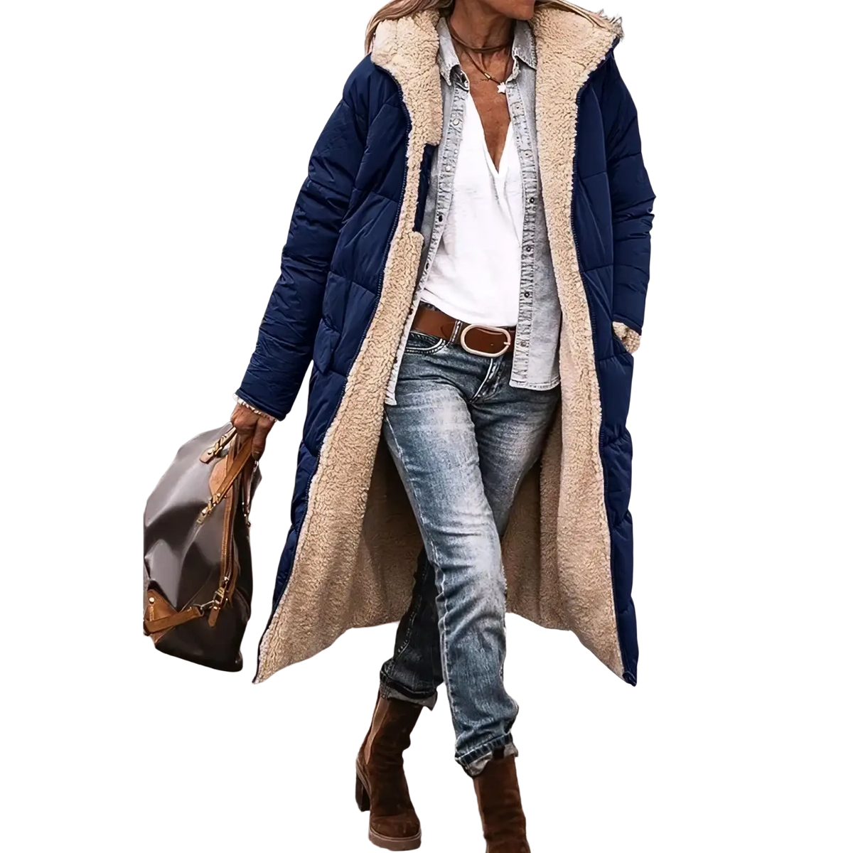 Navy blue quilted women long reversible sherpa puffer coat with plush beige shearling lining for cold weather