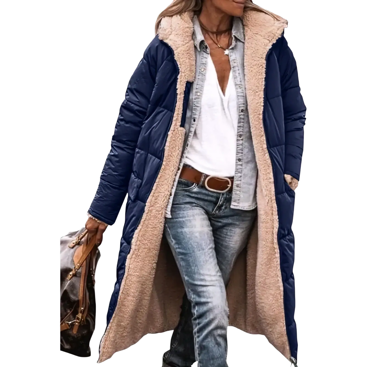 Navy blue women long reversible sherpa puffer coat with plush beige shearling-lined hood and cuffs