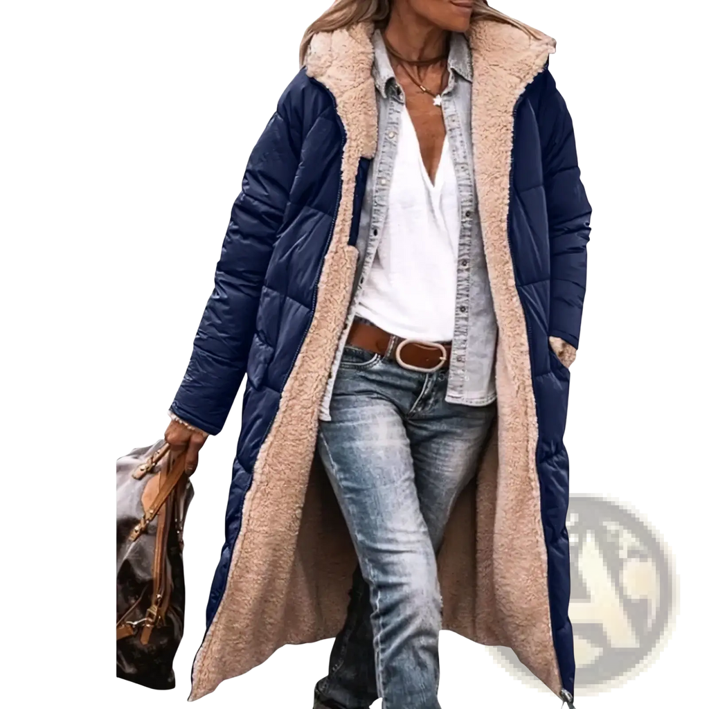 Navy blue women long reversible sherpa puffer coat with plush beige shearling-lined hood and cuffs