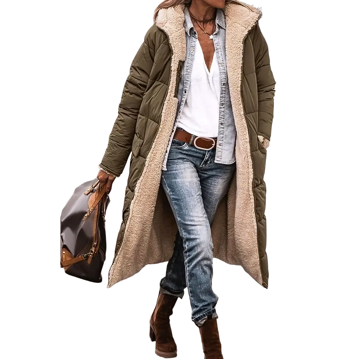 Women long reversible sherpa puffer coat in olive green quilted fabric with plush beige shearling lining visible