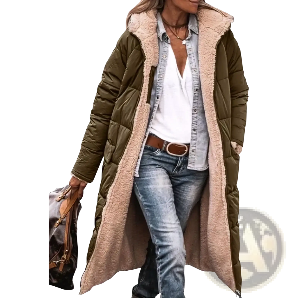 Olive green quilted women long reversible sherpa puffer coat with plush beige shearling-lined hood and cuffs