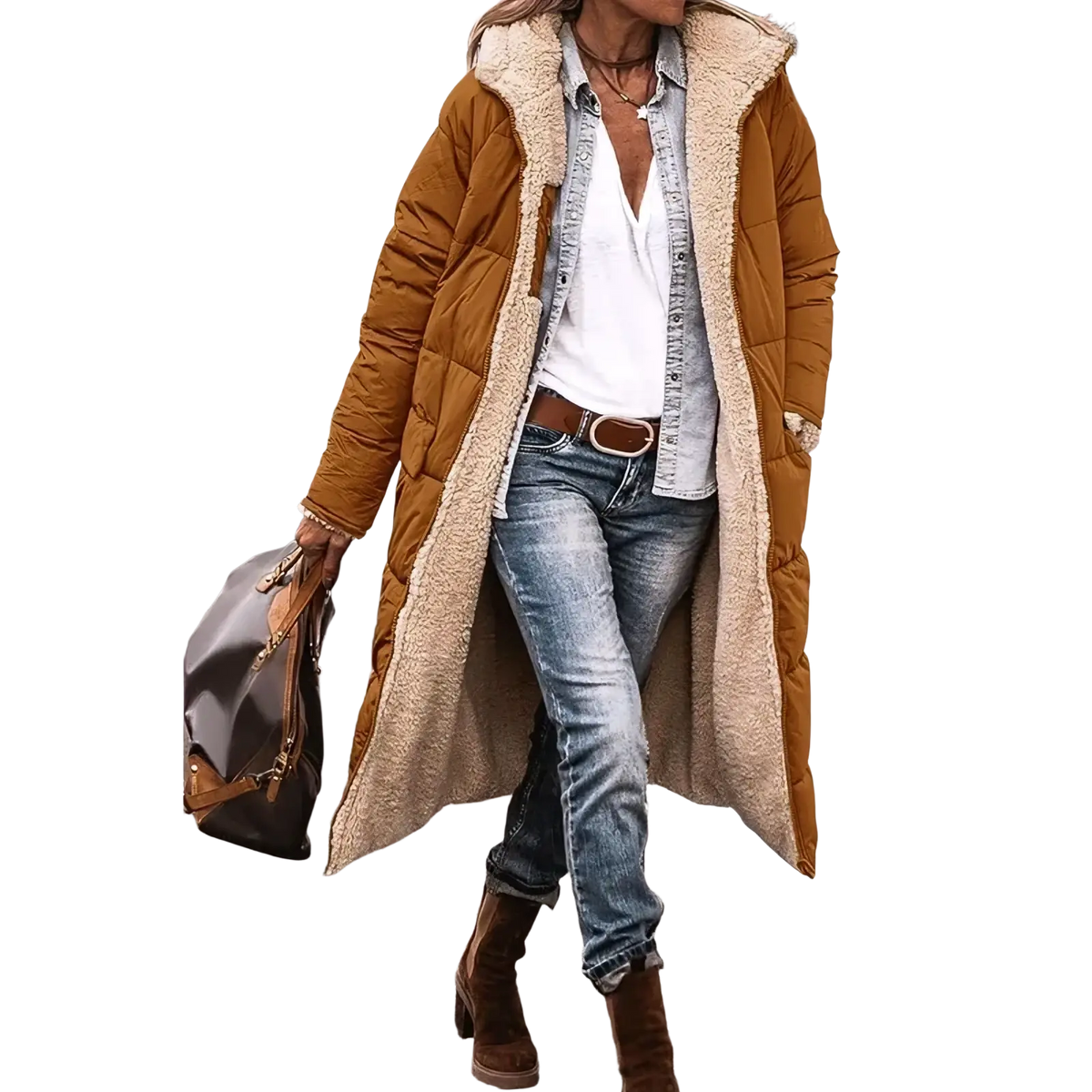 Women long reversible sherpa puffer coat in warm mustard quilted fabric with plush beige shearling-lined hood and cuffs