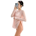 Women long sleeve pink athletic top with high neckline and side slit designed for active wear and comfort