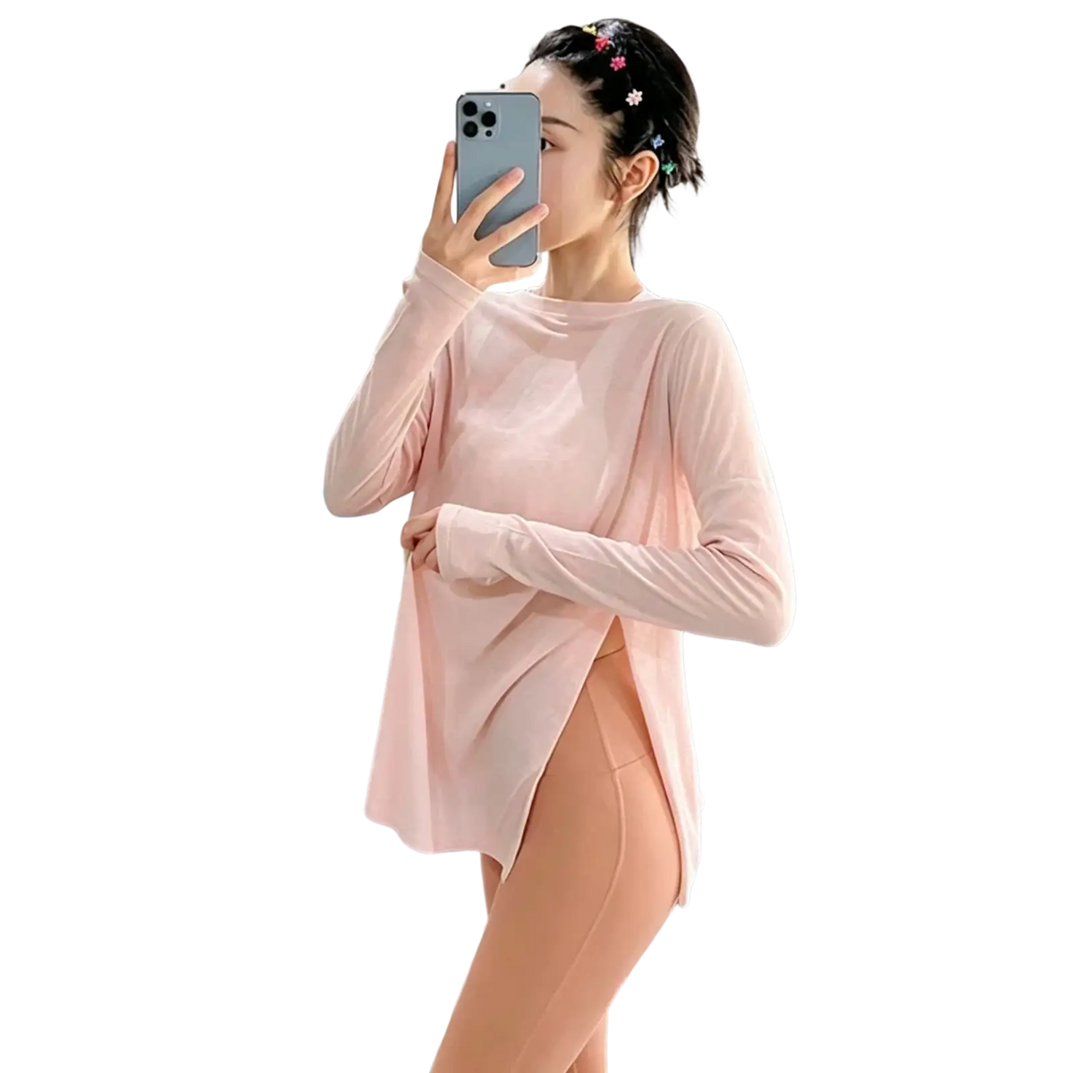 Women long sleeve pink athletic top with high neckline and side slit designed for active wear and comfort