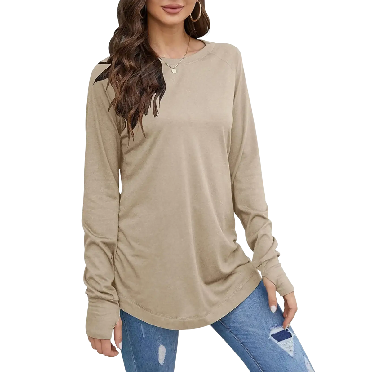 Beige women long sleeve cotton tunic top with relaxed fit and round neck featuring solid pattern type