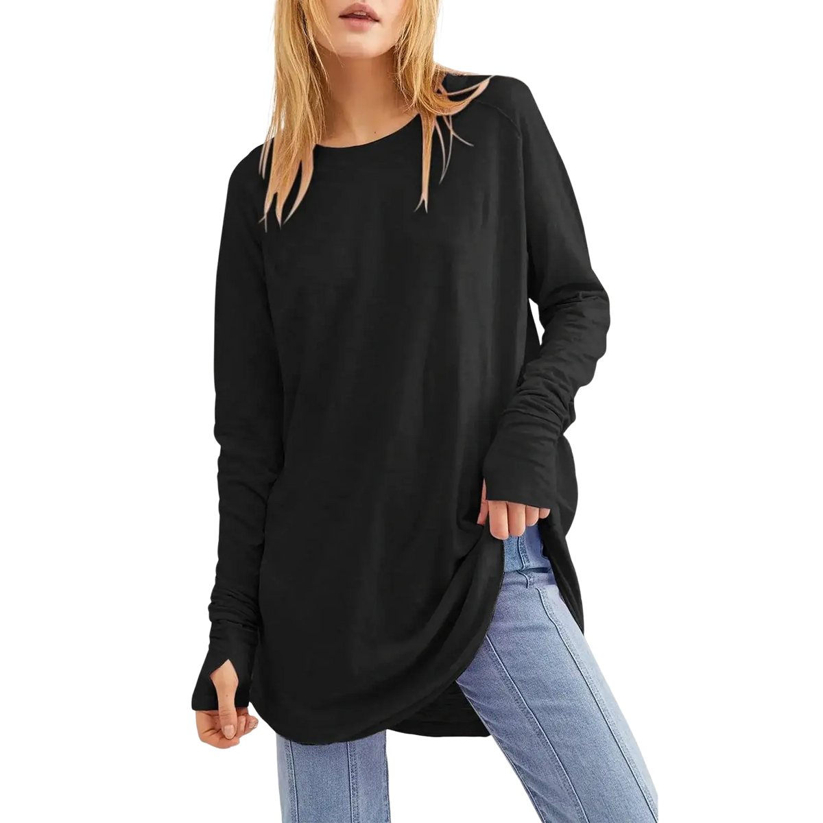 Black long sleeve cotton tunic top with relaxed fit and asymmetrical hemline for women featuring long sleeves