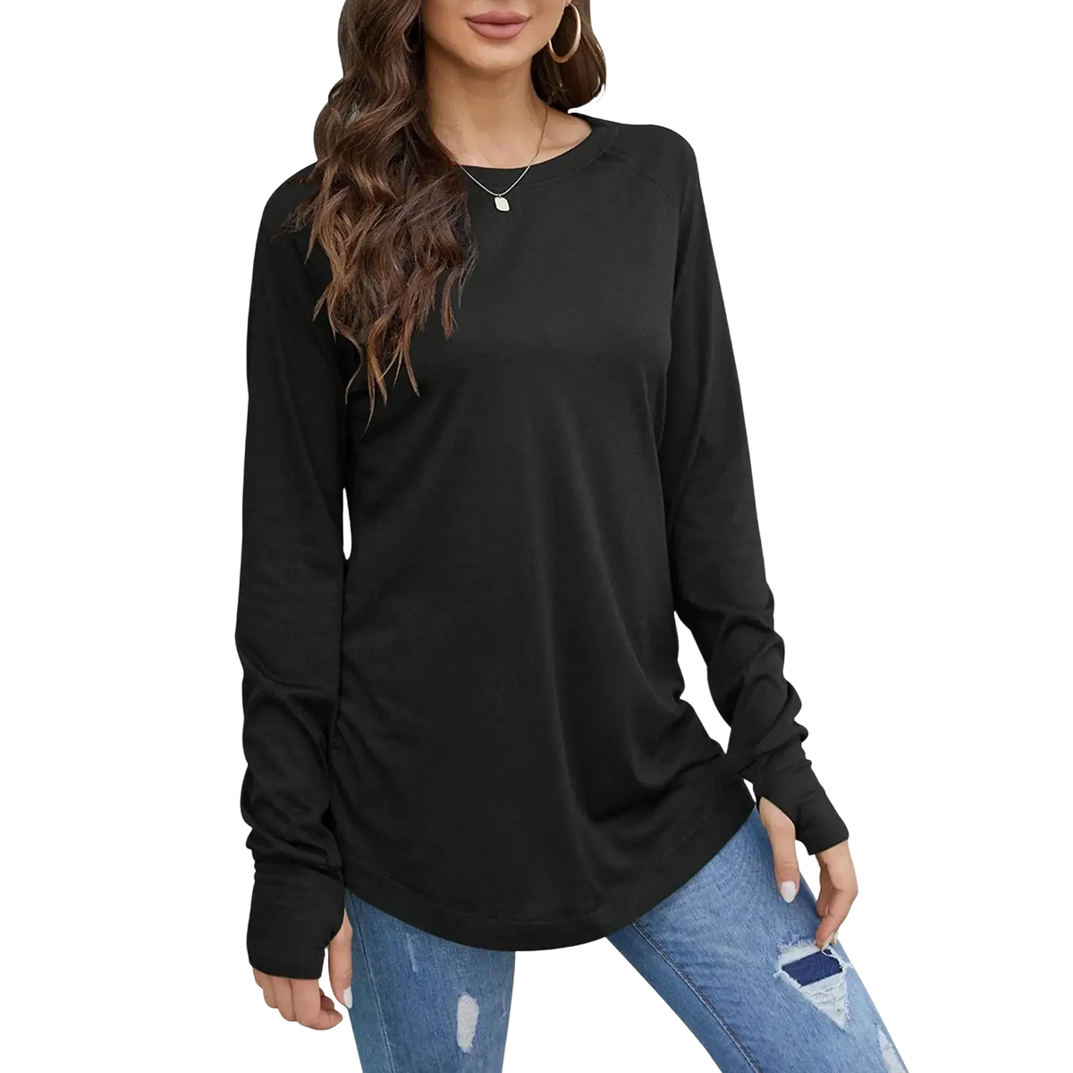 Women long sleeve cotton tunic top in black with round neck and subtle ruching at cuffs for relaxed fit
