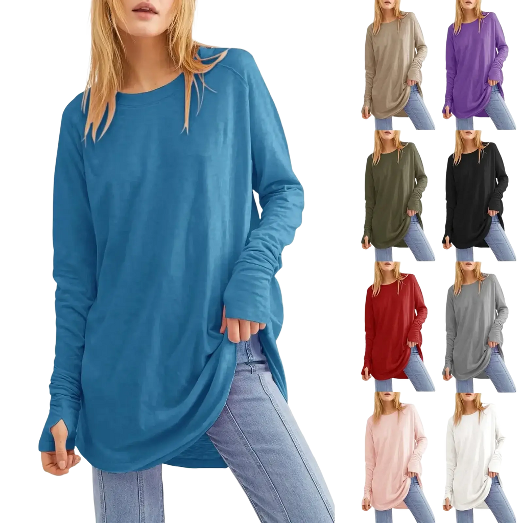 Blue long sleeve cotton tunic top with relaxed fit and side slits featuring a plain pattern type and long sleeve design