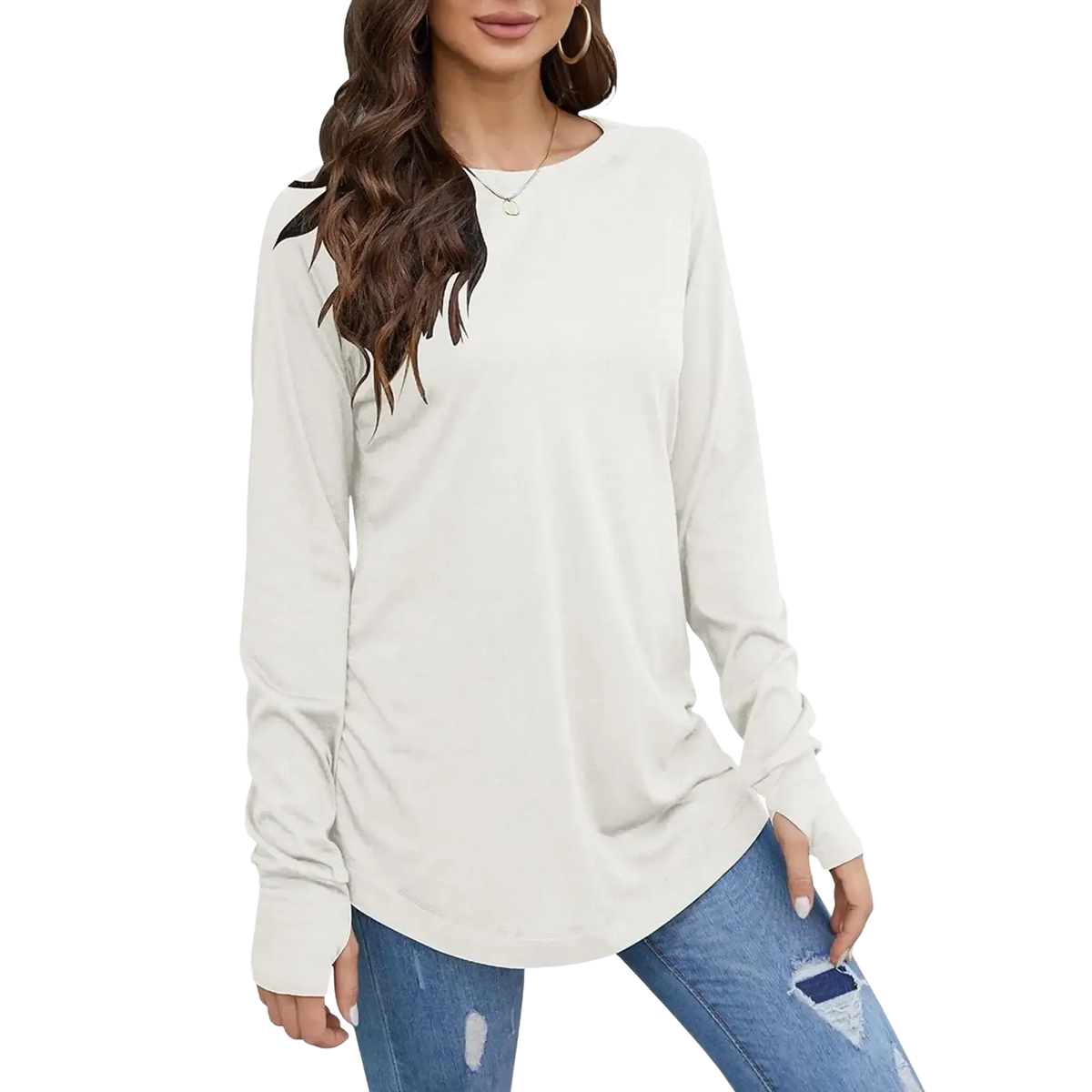 Cream-colored women long sleeve cotton tunic top with round neck and relaxed fit featuring solid pattern type