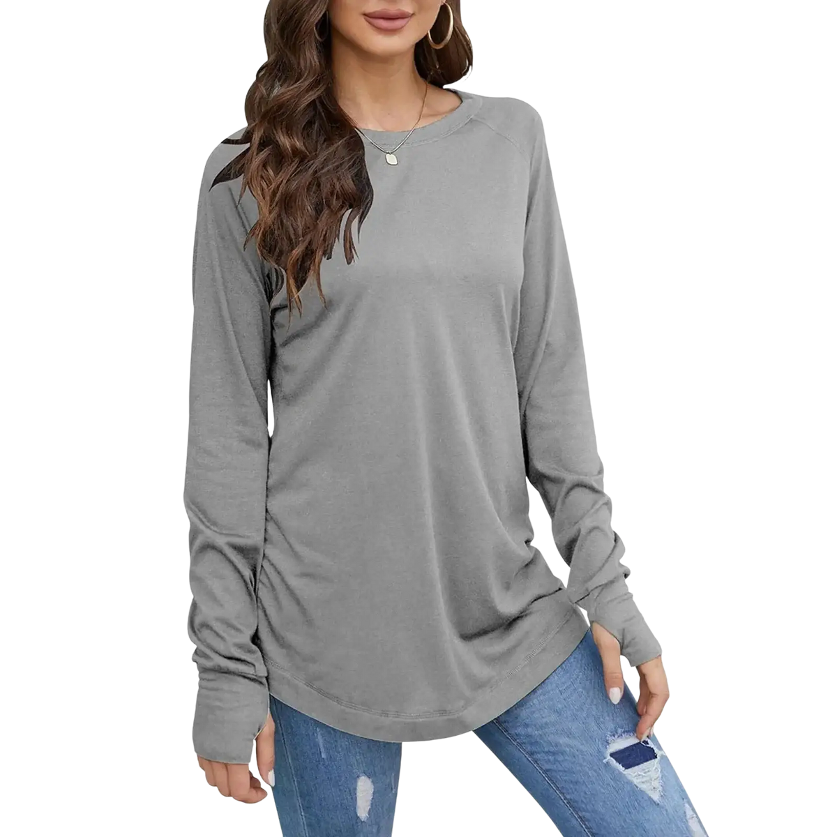 Women long sleeve cotton tunic top in gray with relaxed fit, round neck, subtle side slits, and long sleeve length