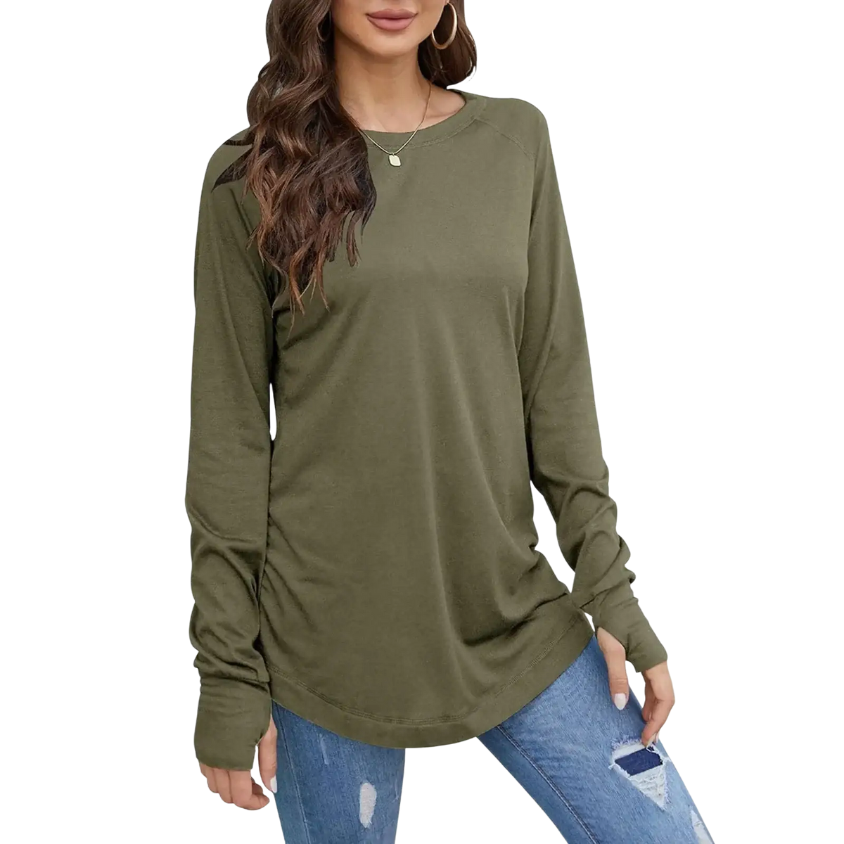 Women long sleeve cotton tunic top in olive green with relaxed fit and subtle ruching at the cuffs sleeve length
