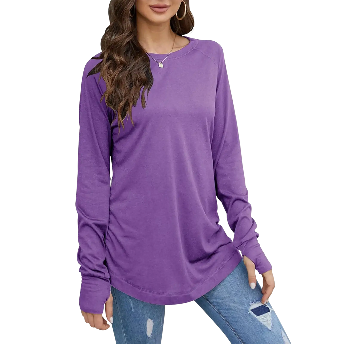 Women long sleeve cotton tunic top in purple with a relaxed fit and rounded neckline featuring long sleeve length