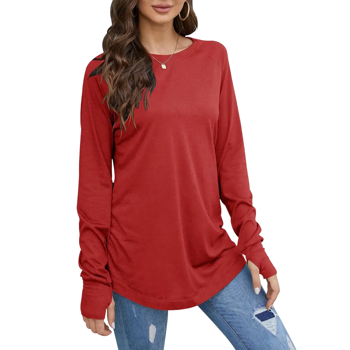 Women long sleeve cotton tunic top in red with a relaxed fit, round neck, and solid pattern type