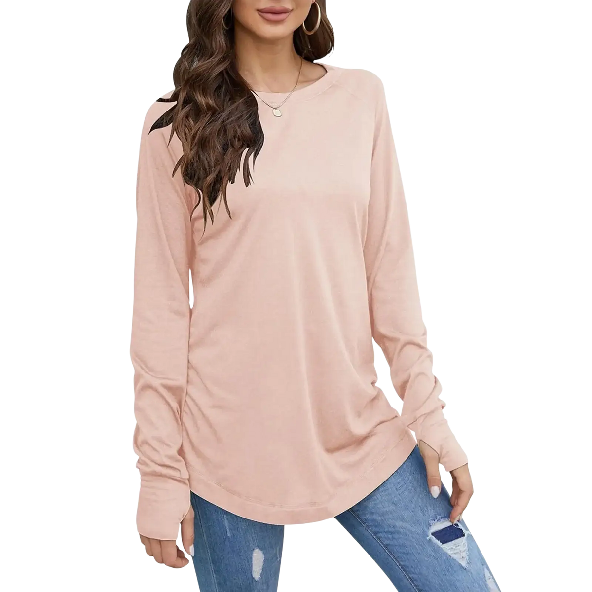 Women long sleeve cotton tunic top in soft blush pink with round neck and subtle side ruching for relaxed fit