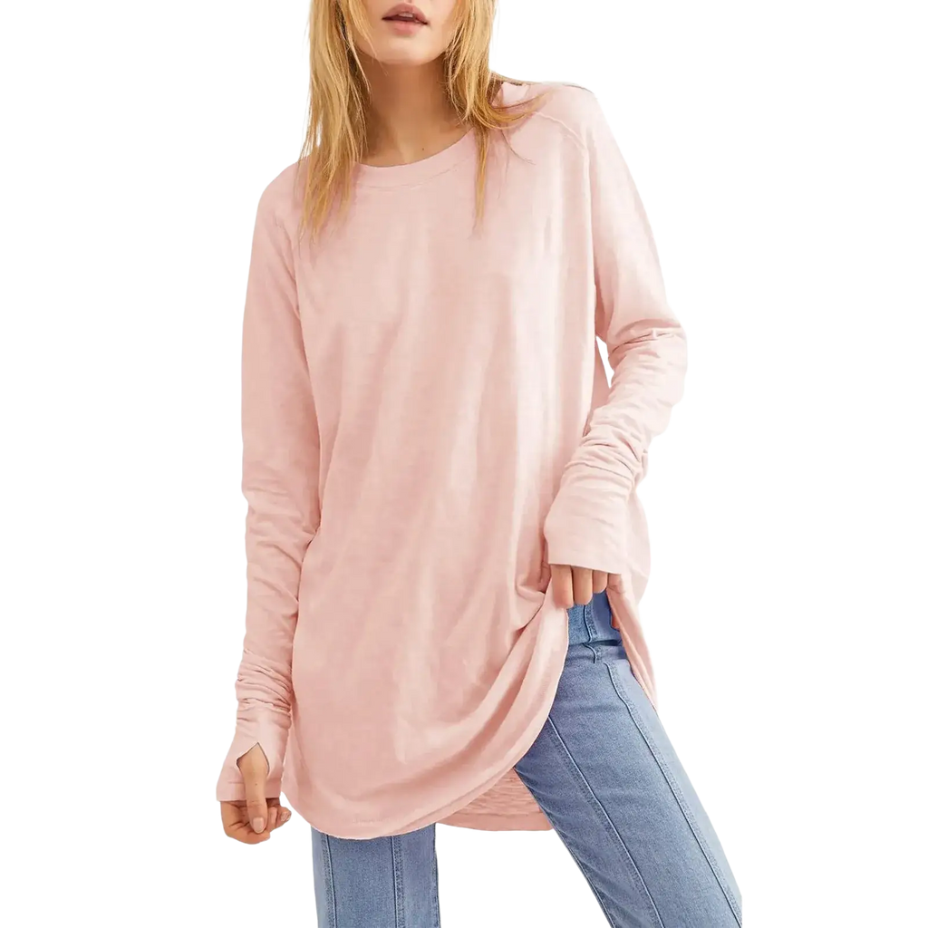 Women long sleeve cotton tunic top in soft pink with loose fit and slightly ruched long sleeve cuffs