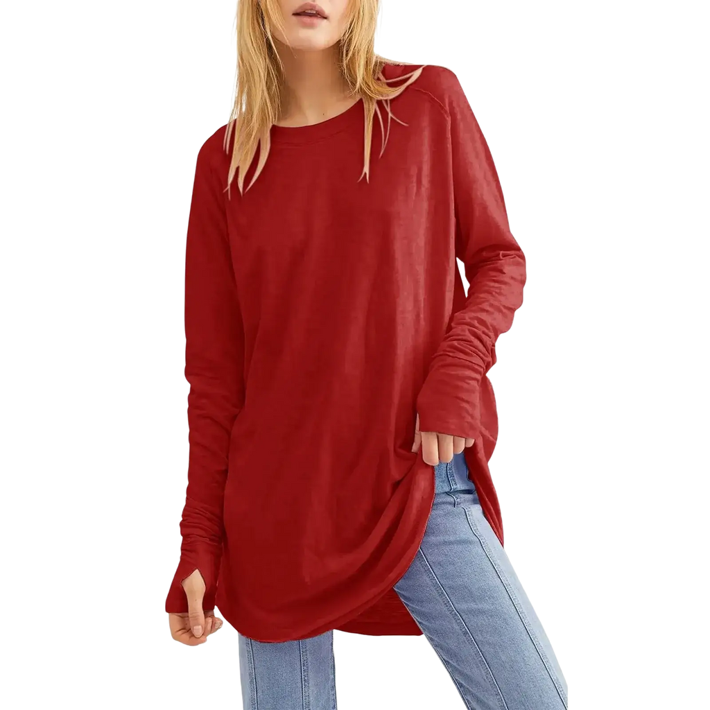 Women long sleeve cotton tunic top in soft red with relaxed fit and ruched cuffs featuring long sleeve design