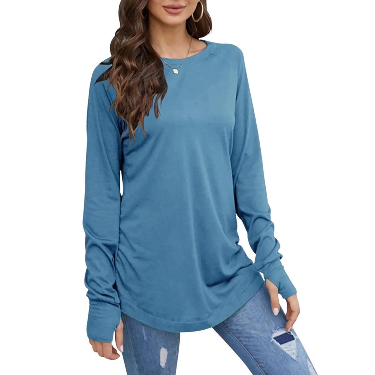 Women long sleeve cotton tunic top in soft blue with round neck and subtle side ruching for relaxed fit